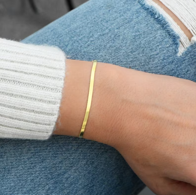 Gold Herringbone Bracelet | Anti-Tarnish Stainless Steel | Waterproof Flat Snake Chain Bracelet for Women