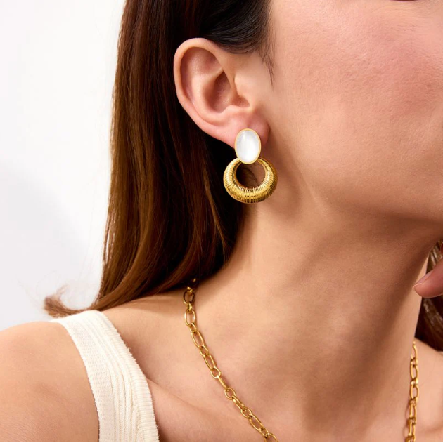 Gold Textured Drop Earrings with Mother of Pearl | Stainless Steel Anti-Tarnish Statement Jewelry