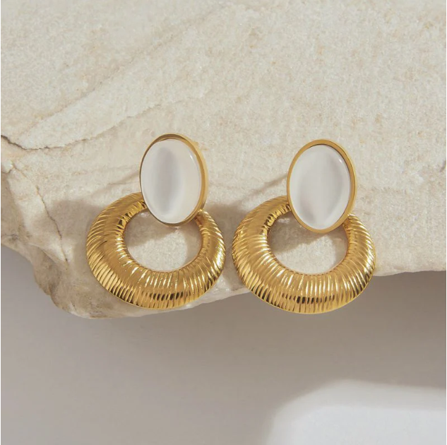 Gold Textured Drop Earrings with Mother of Pearl | Stainless Steel Anti-Tarnish Statement Jewelry