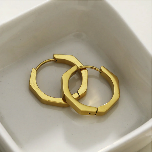 Elegant Hexagonal Gold-Plated Huggie Hoop Earring - Minimalist Geometric Design