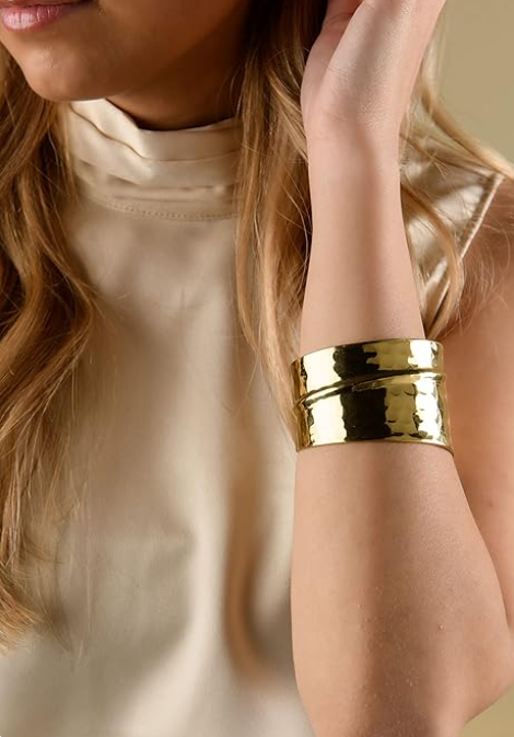 Layered Hammered Gold Cuff Bracelet | Elegant Wide Statement Brass Bangle