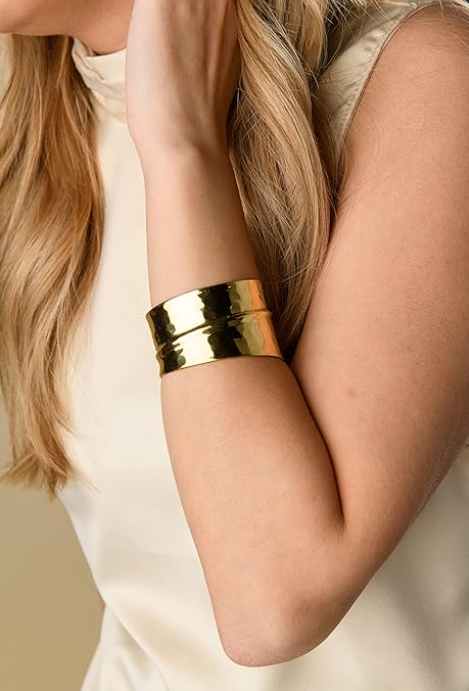 Layered Hammered Gold Cuff Bracelet | Elegant Wide Statement Brass Bangle