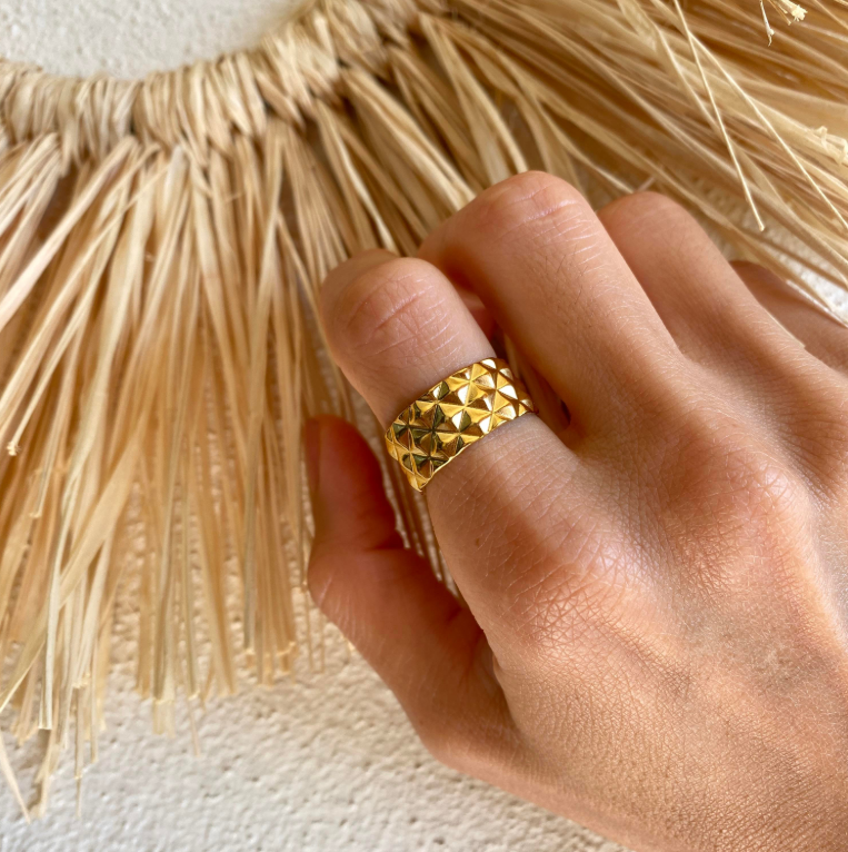 Gold Plated Pyramid Textured Ring | Stainless Steel Adjustable Anti-Tarnish Statement Band