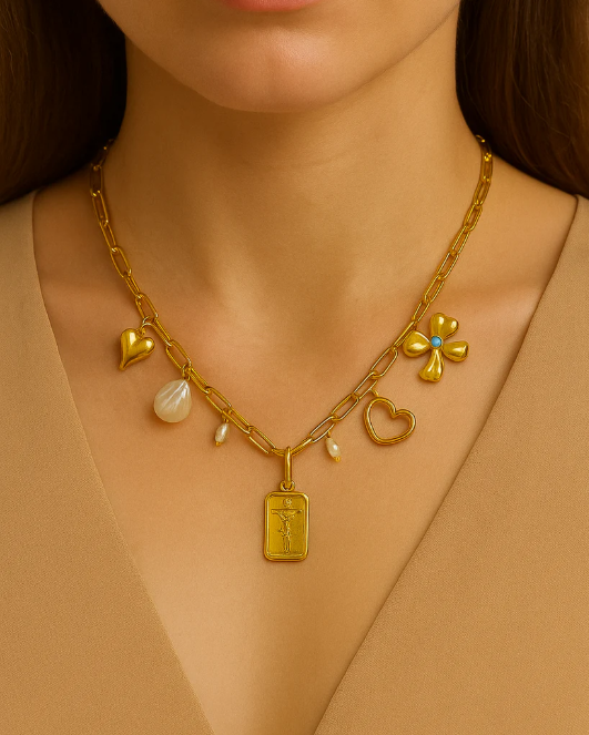 Gold-Plated Stainless Steel Charm Necklace – Anti-Tarnish Paperclip Chain with Heart, Bow & Pearl Accents