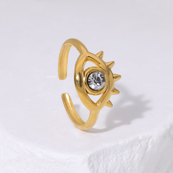 Gold Evil Eye Adjustable Ring – Dainty Stainless Steel Protection Jewelry with Crystal