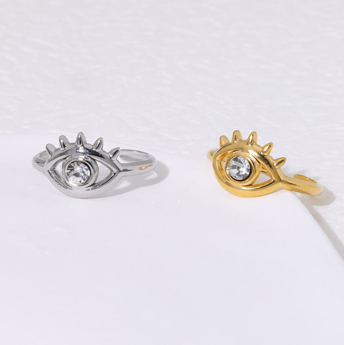 Gold Evil Eye Adjustable Ring – Dainty Stainless Steel Protection Jewelry with Crystal