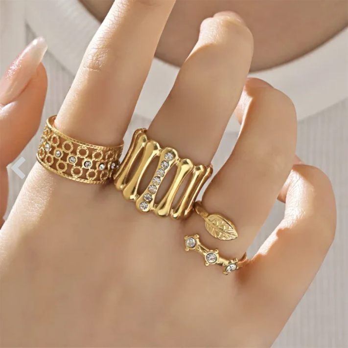 Bold Gold Statement Ring – Adjustable Stainless Steel Wide Band with Rhinestones