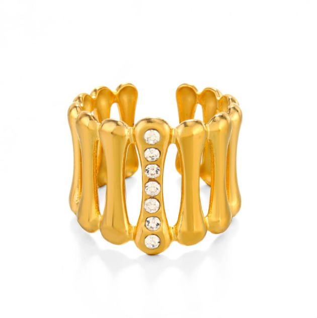 Bold Gold Statement Ring – Adjustable Stainless Steel Wide Band with Rhinestones