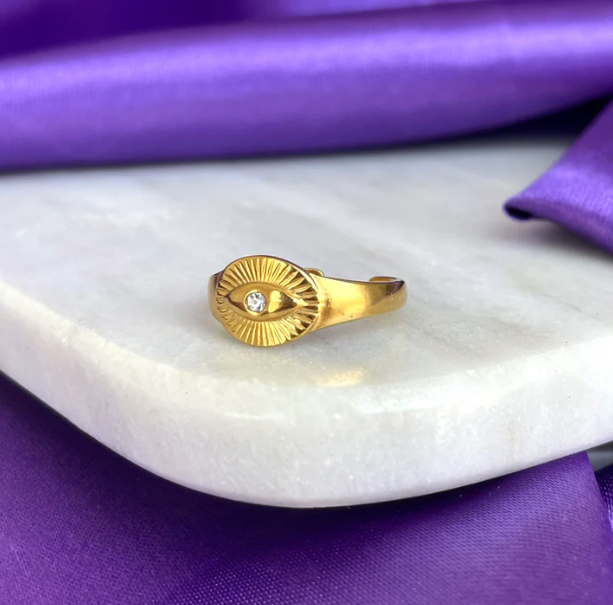 Gold Evil Eye Adjustable Ring – Stainless Steel Protection Jewelry