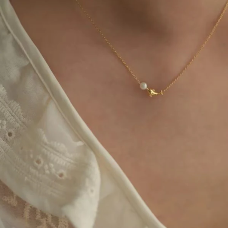 Gold-Plated Dolphin Pearl Pendant Necklace for Women | Stainless Steel Chain