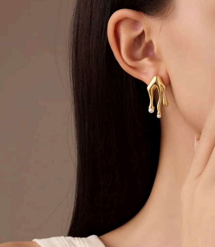 Abstract Gold Drop Earrings with Pearls | Anti-Tarnish Stainless Steel Statement Jewelry