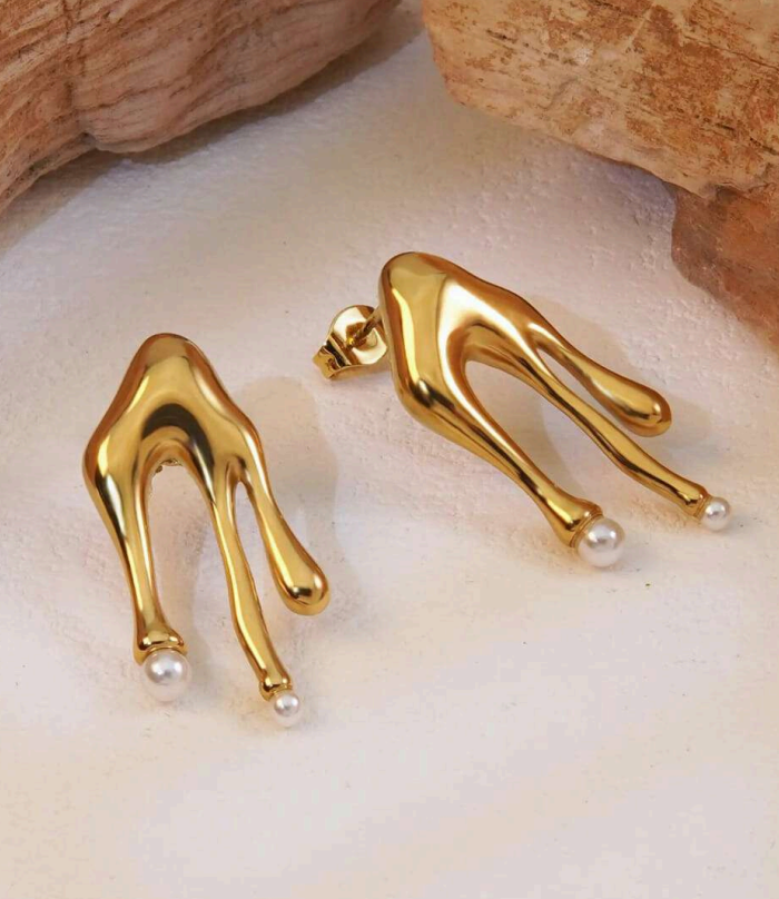 Abstract Gold Drop Earrings with Pearls | Anti-Tarnish Stainless Steel Statement Jewelry