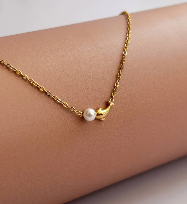 Gold-Plated Dolphin Pearl Pendant Necklace for Women | Stainless Steel Chain