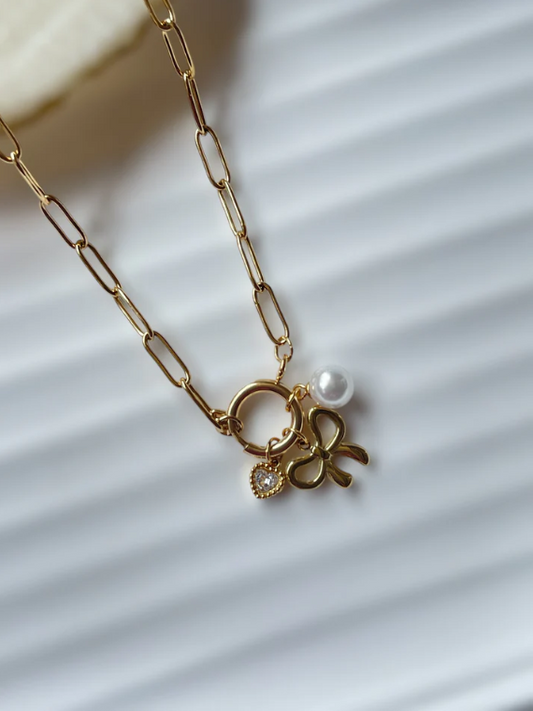 Gold Butterfly Charm Necklace with Pearl & Crystal | Stainless Steel Anti-Tarnish Chain Jewelry