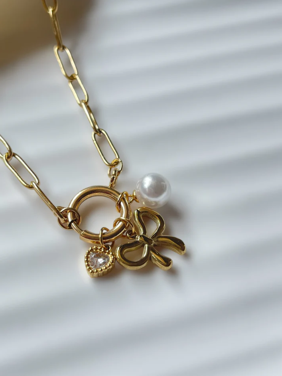 Gold Butterfly Charm Necklace with Pearl & Crystal | Stainless Steel Anti-Tarnish Chain Jewelry