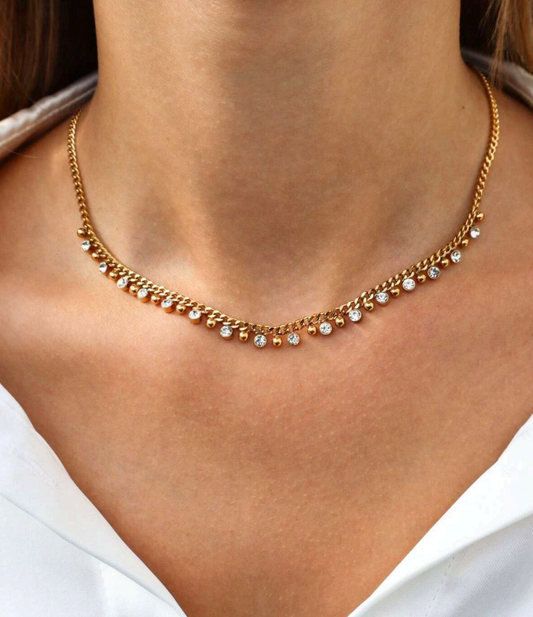 Gold-Plated Stainless Steel Charm Chain for Women – Elegant Crystal Drop Necklace