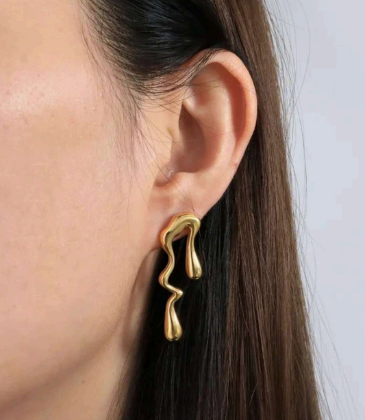 Anti-Tarnish Asymmetric Liquid Gold Drop Earrings – Modern Melted Metal Design