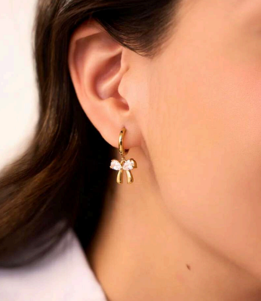 Gold-Plated Bow Earrings for Women | Stainless Steel Crystal Design