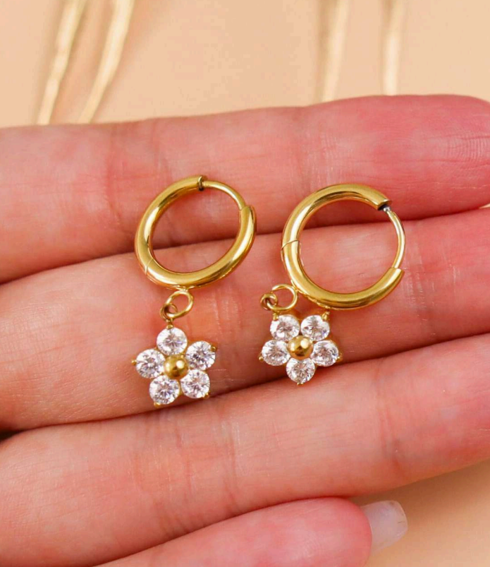 Gold-Plated Floral Hoop Earrings for Women | Stainless Steel Crystal Design