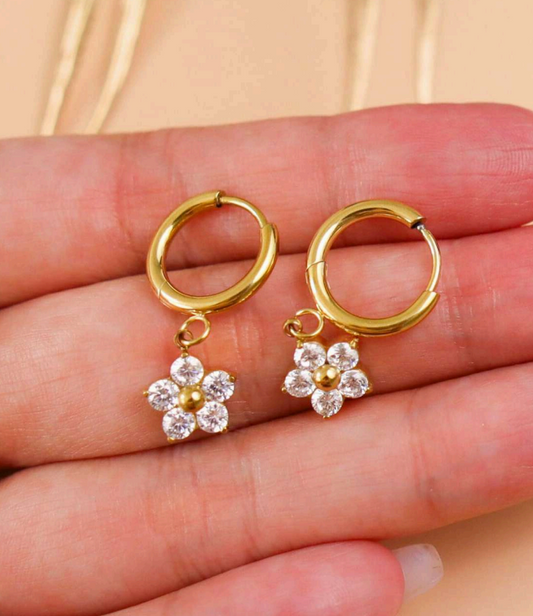 Gold-Plated Floral Hoop Earrings for Women | Stainless Steel Crystal Design