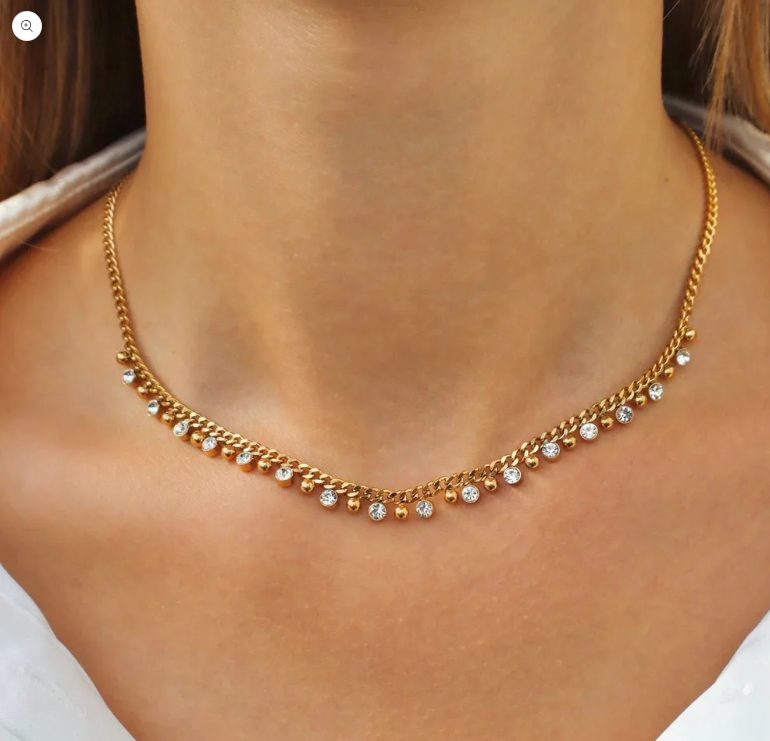 Gold-Plated Stainless Steel Charm Chain for Women – Elegant Crystal Drop Necklace