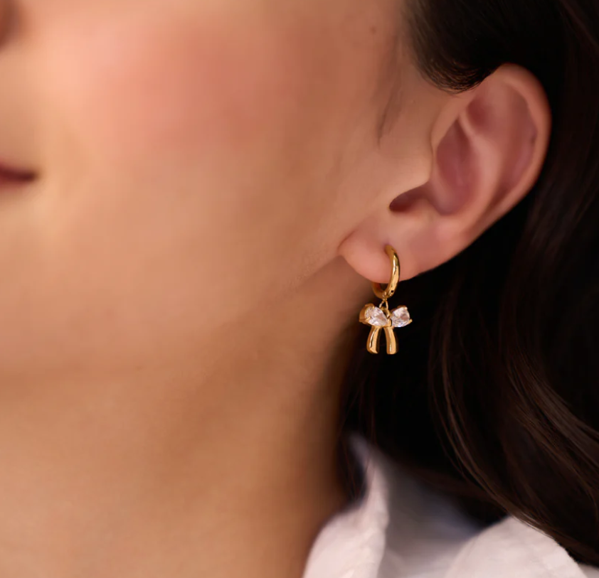 Gold-Plated Bow Earrings for Women | Stainless Steel Crystal Design