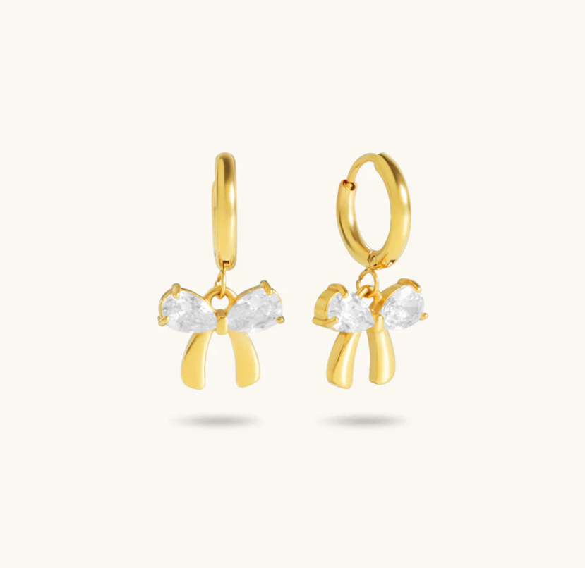 Gold-Plated Bow Earrings for Women | Stainless Steel Crystal Design