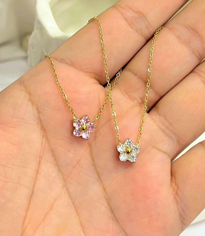 Gold-Plated Floral Pendant Necklace for Women | Stainless Steel Crystal Chain