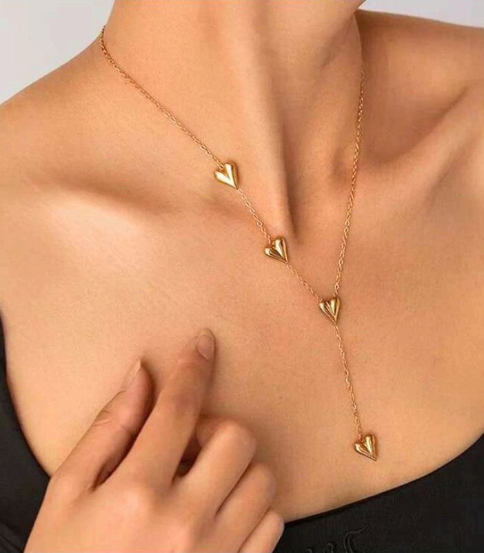 Gold-Plated Stainless Steel Layered Heart Chain Necklace for Women – Elegant Drop Design