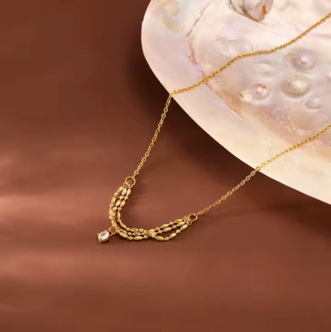 Gold-Plated Crystal Pendant Necklace for Women | Stainless Steel Layered Chain