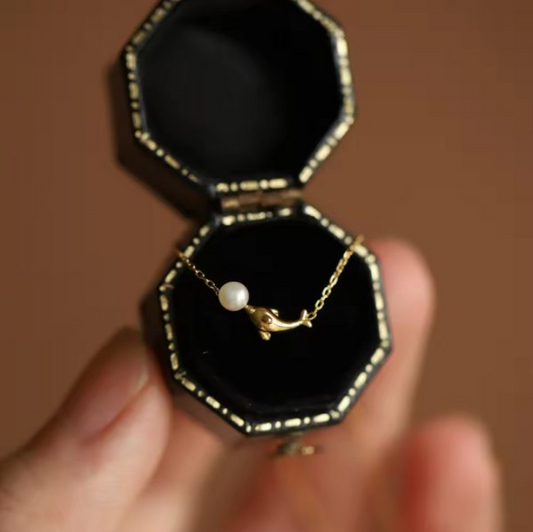 Gold-Plated Dolphin Pearl Pendant Necklace for Women | Stainless Steel Chain