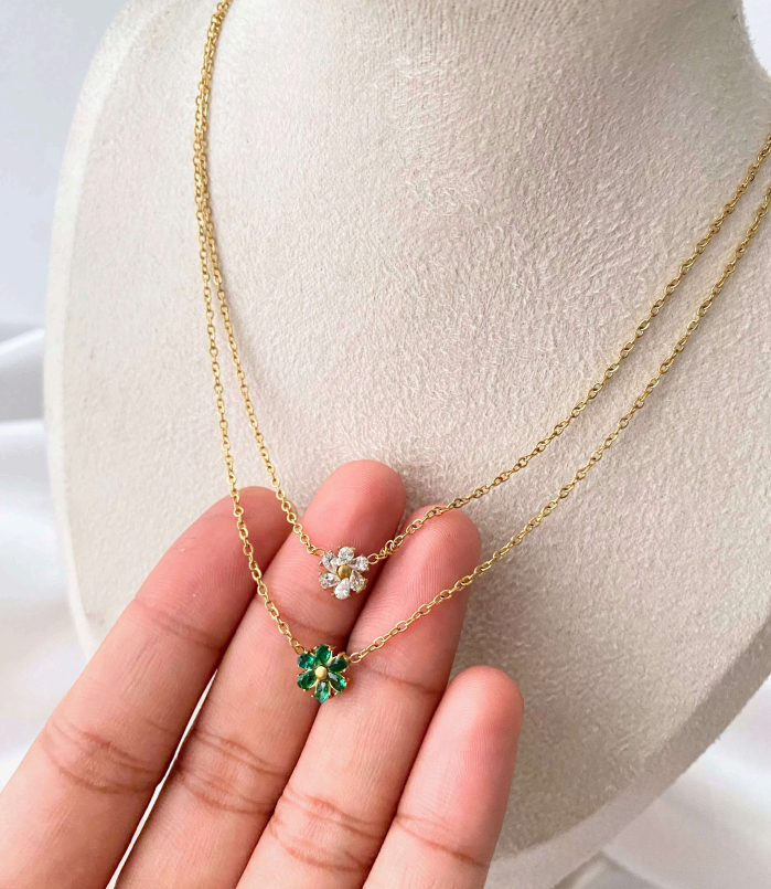 Green Flower Pendant Necklace | Anti-Tarnish Stainless Steel | Dainty Gold Jewelry for Women (Green only)