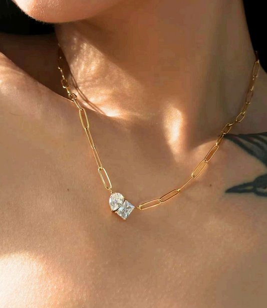 Gold Paperclip Chain Necklace with Dual Gemstone Pendant | Anti-Tarnish Stainless Steel | Elegant Statement Jewelry