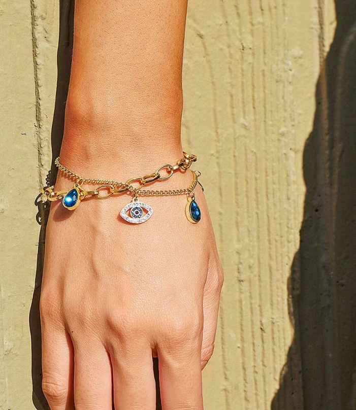 Gold Evil Eye Charm Bracelet – Blue Teardrop Gemstone Chain