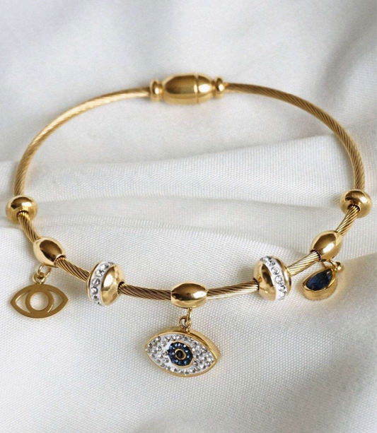 Gold Evil Eye Charm Bracelet with Diamond and Sapphire Accents