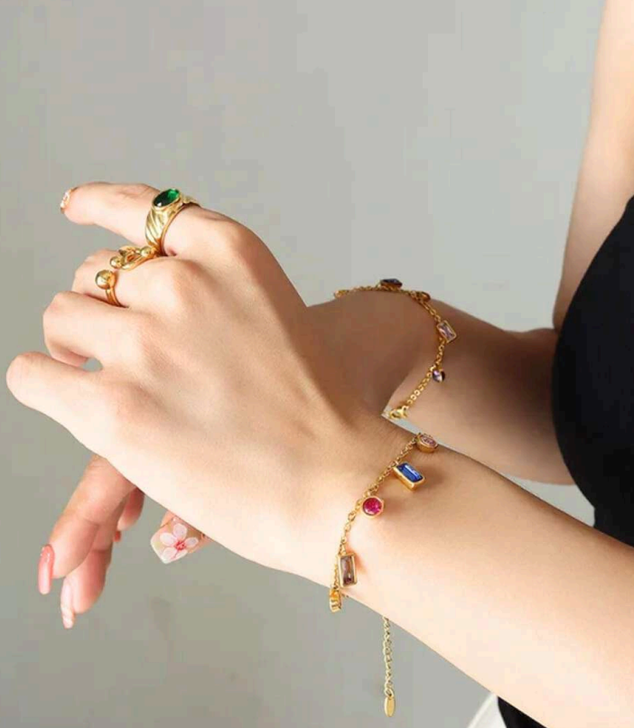 Rainbow Gemstone Bracelet | Anti-Tarnish Stainless Steel Gold Chain | Waterproof Colorful Dainty Jewelry for Women
