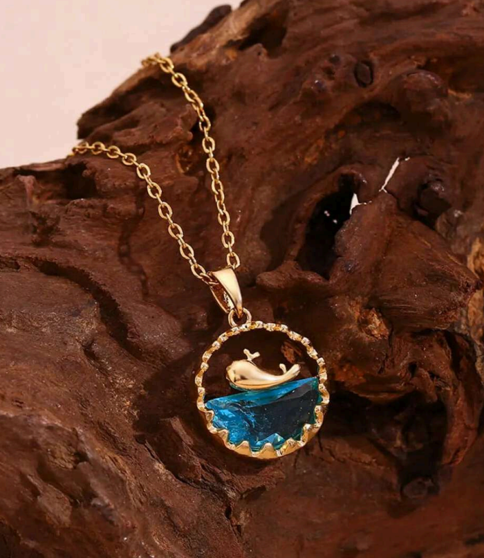 Ocean Whale Pendant Necklace | Blue Crystal Gold Chain | Anti-Tarnish Stainless Steel Jewelry