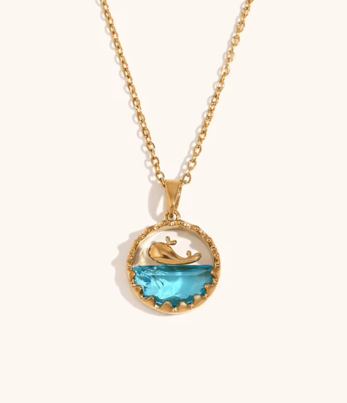 Ocean Whale Pendant Necklace | Blue Crystal Gold Chain | Anti-Tarnish Stainless Steel Jewelry