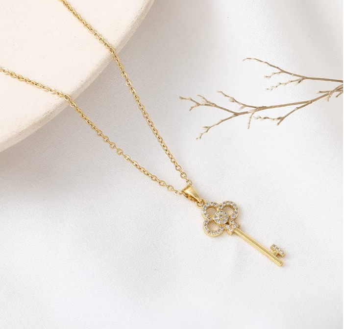 Gold-Plated Key Pendant Necklace with Crystal Detailing