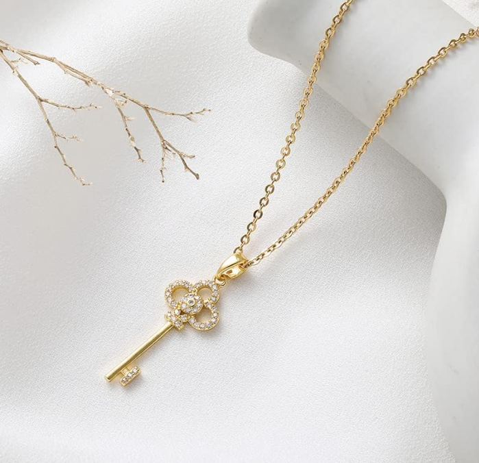 Gold-Plated Key Pendant Necklace with Crystal Detailing