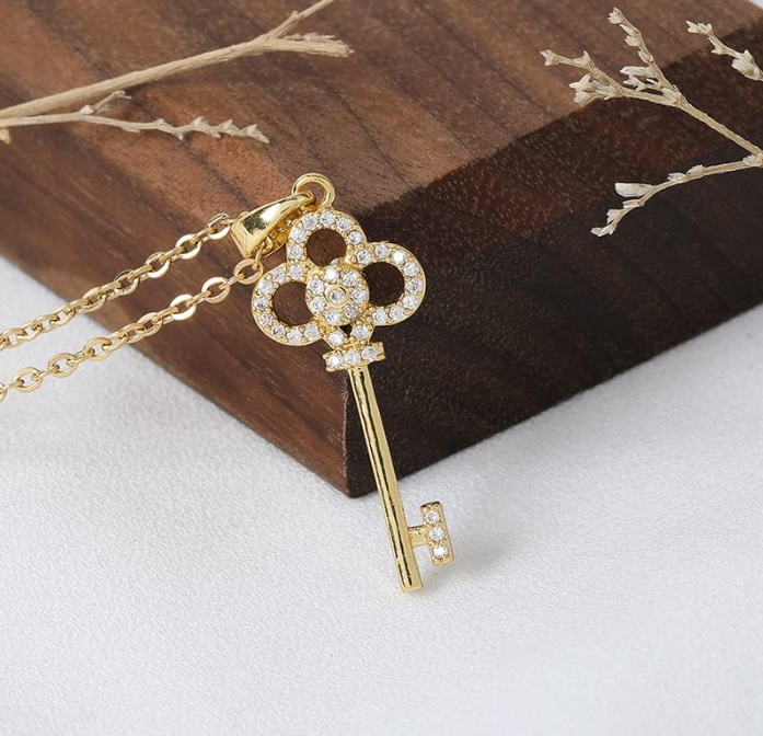 Gold-Plated Key Pendant Necklace with Crystal Detailing