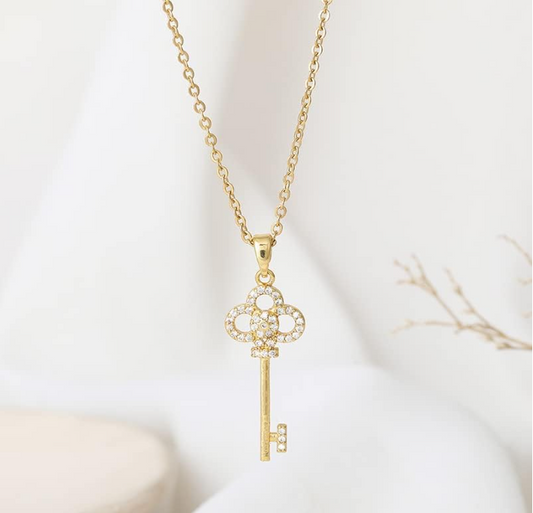 Gold-Plated Key Pendant Necklace with Crystal Detailing