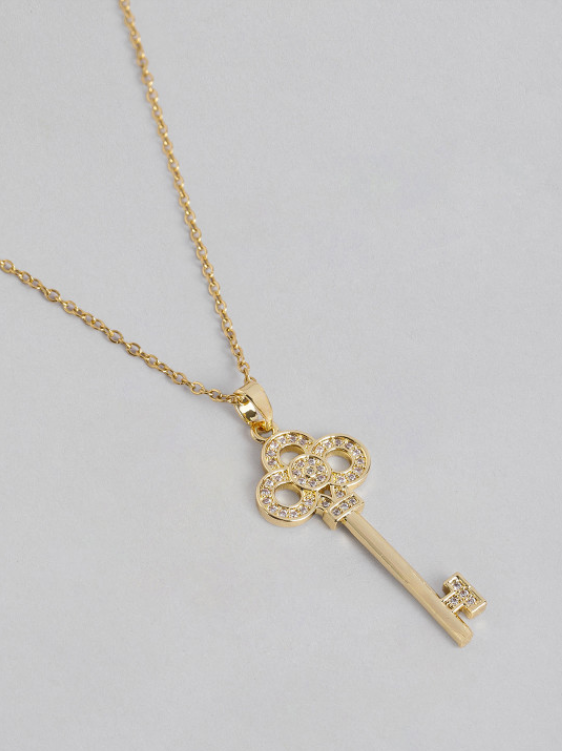 Gold-Plated Key Pendant Necklace with Crystal Detailing