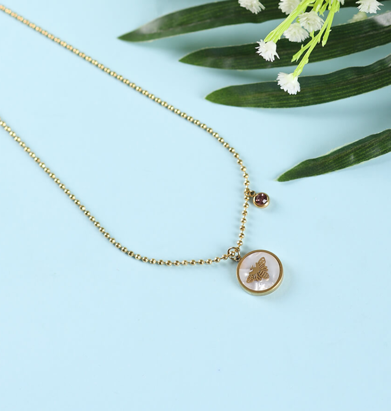 Charming Bee Pendant Necklace with Mother-of-Pearl Detail and Crystal Accent