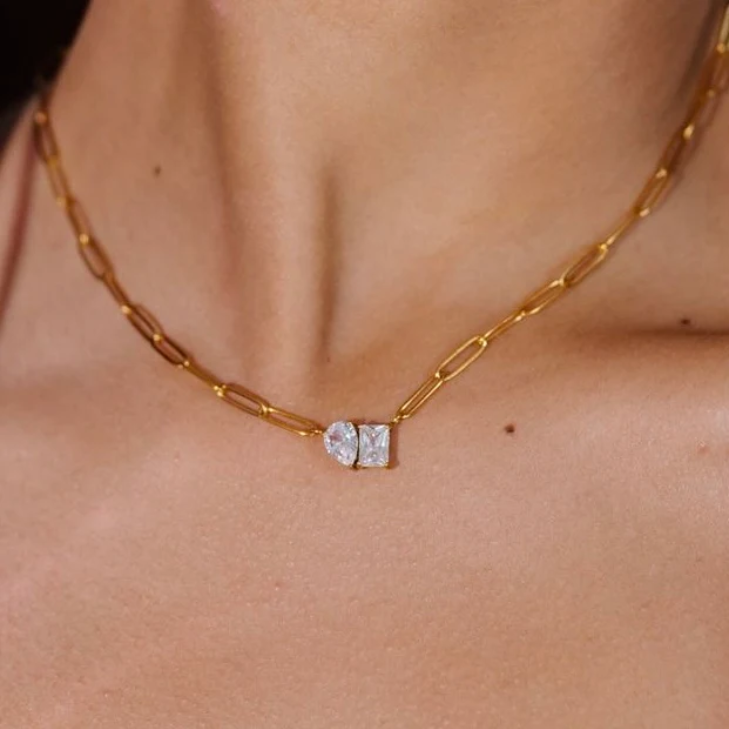 Gold Paperclip Chain Necklace with Dual Gemstone Pendant | Anti-Tarnish Stainless Steel | Elegant Statement Jewelry