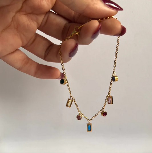 Rainbow Gemstone Bracelet | Anti-Tarnish Stainless Steel Gold Chain | Waterproof Colorful Dainty Jewelry for Women