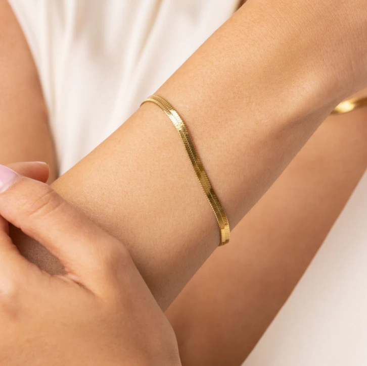 Gold Herringbone Bracelet | Anti-Tarnish Stainless Steel | Waterproof Flat Snake Chain Bracelet for Women