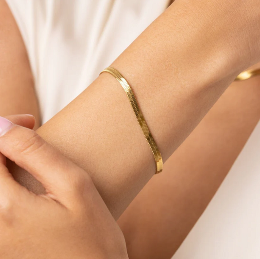 Gold Herringbone Bracelet | Anti-Tarnish Stainless Steel | Waterproof Flat Snake Chain Bracelet for Women