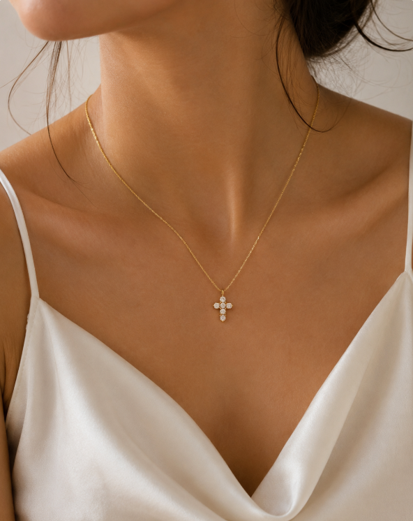 Gold Cross Pendant Necklace – Dainty Crystal Cross Necklace for Women