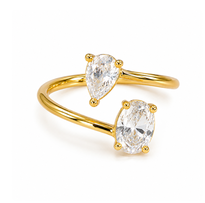Gold Open Wrap Ring with Pear Cut Stones – Adjustable Toi Et Moi Ring